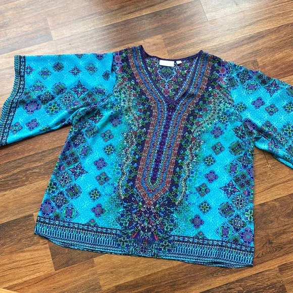 Belle Kim Gravel v neck shear printed boho kimono sleeve pull over poncho Sz Xl - Picture 8 of 9